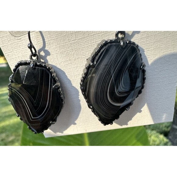 Kendra Scott Corley Earrings Black Banded Agate Gunmetal Dangle Drop - Picture 4 of 4